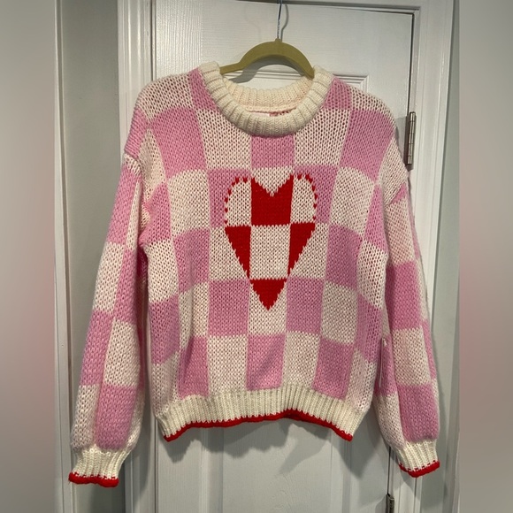 NWT Luna Ivy Size S Pink Cream Check Heart Chunky Knit Long Sleeve Crew Sweater - Picture 1 of 11